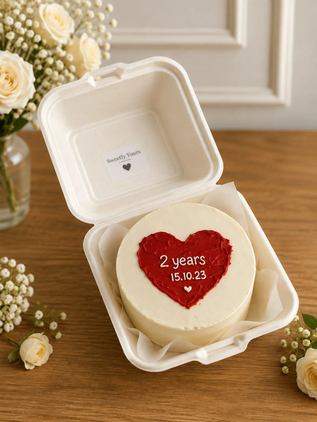 Ivory bento cake in clamshell container featuring crimson red textured heart with 2 years anniversary date