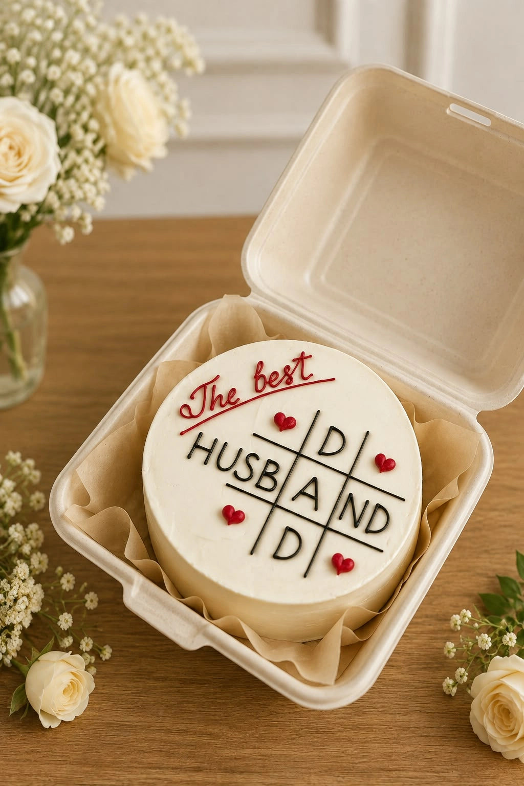 Round ivory bento cake in clamshell container decorated with The best husband and dad tic-tac-toe game