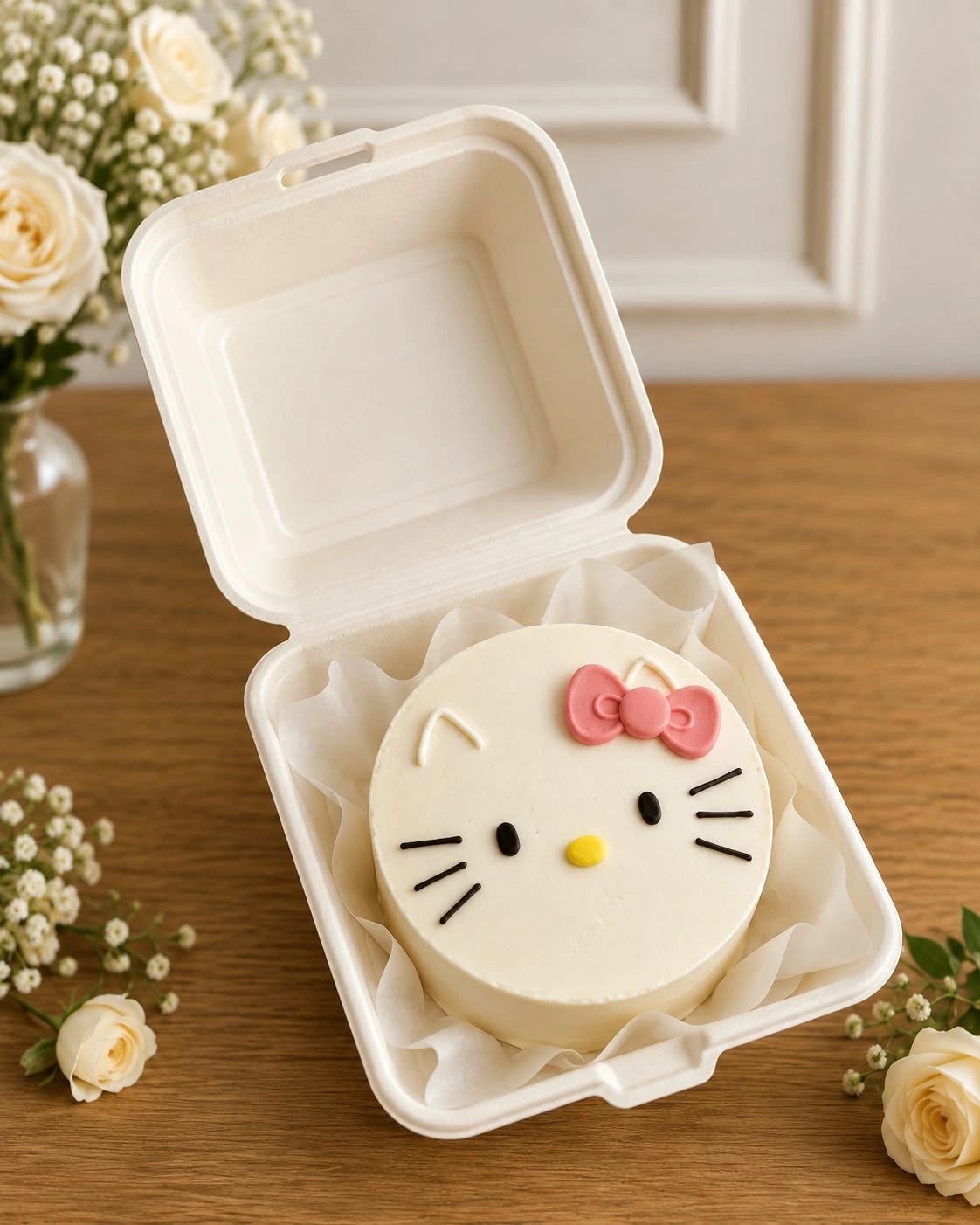 Adorable white bento cake in clamshell box featuring piped Hello Kitty face with signature pink bow