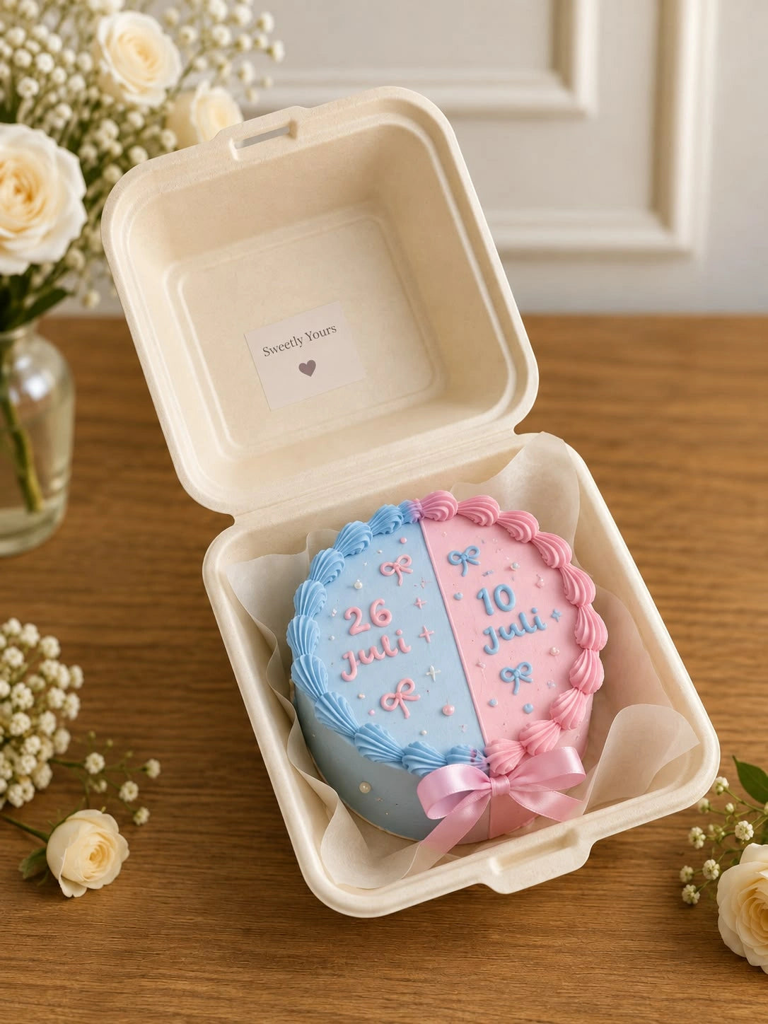 Split blue and pink bento cake in clamshell box with ruffle piping borders, dates, and satin ribbon bow