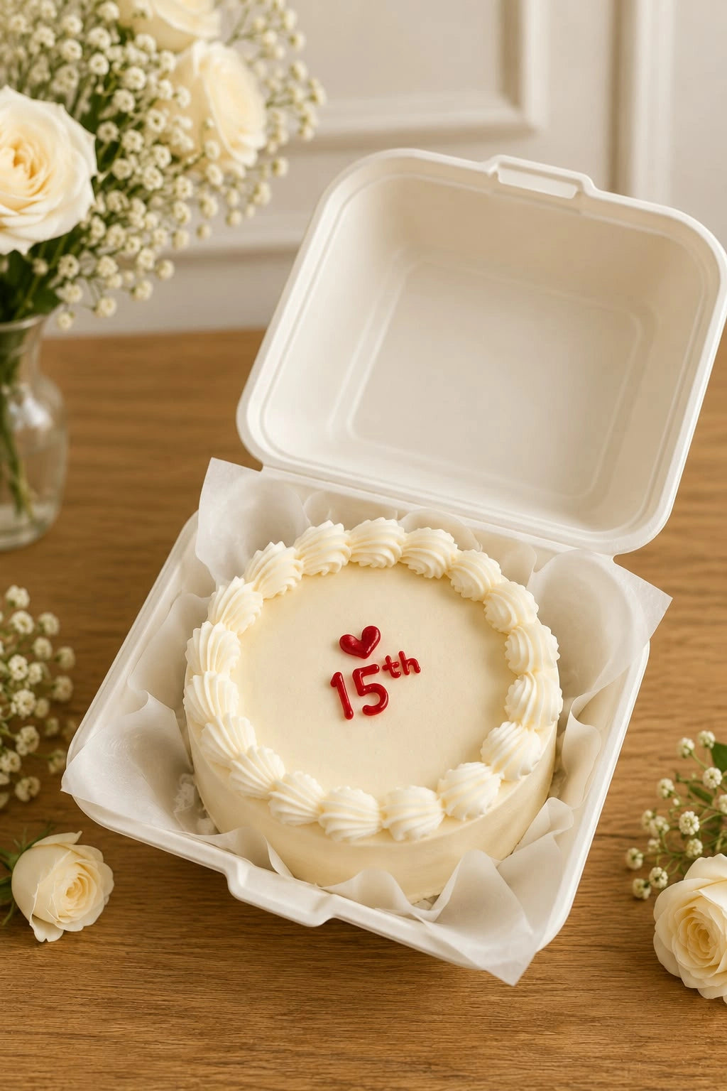 Ivory single-tier bento cake with classic shell border piping and red 15th milestone emblem in clamshell container