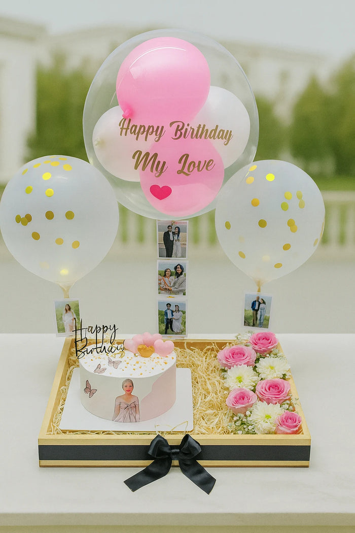 All-in-One Celebration Cake Flowers & Balloons Hamper