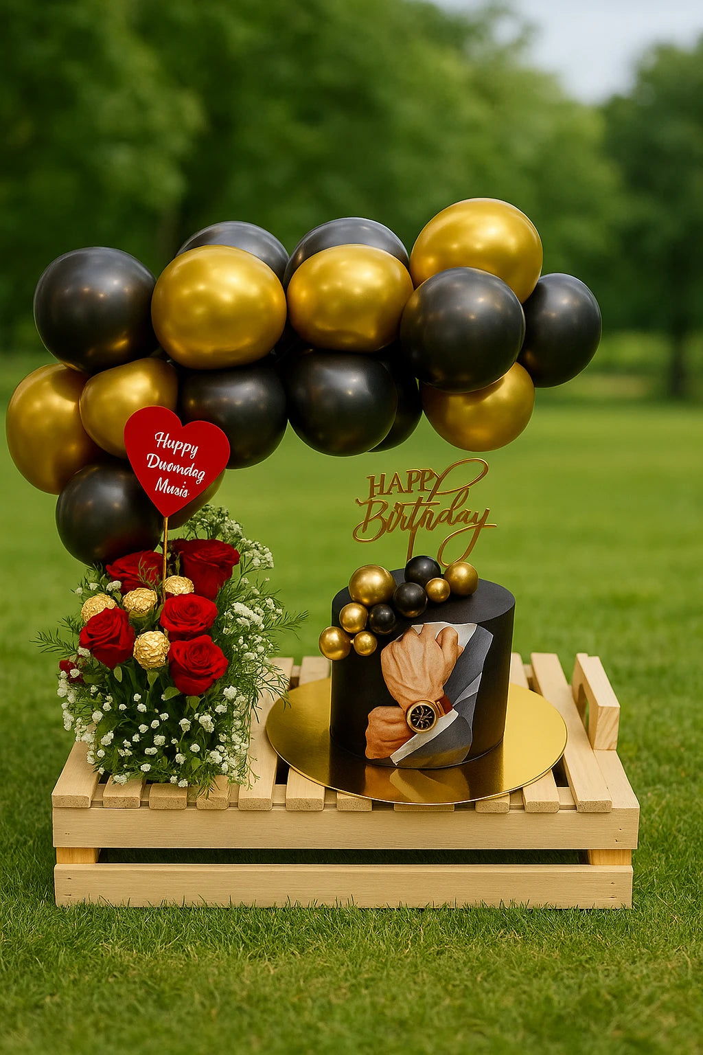 Anniversary Special Cake Flowers & Balloon Gift Box