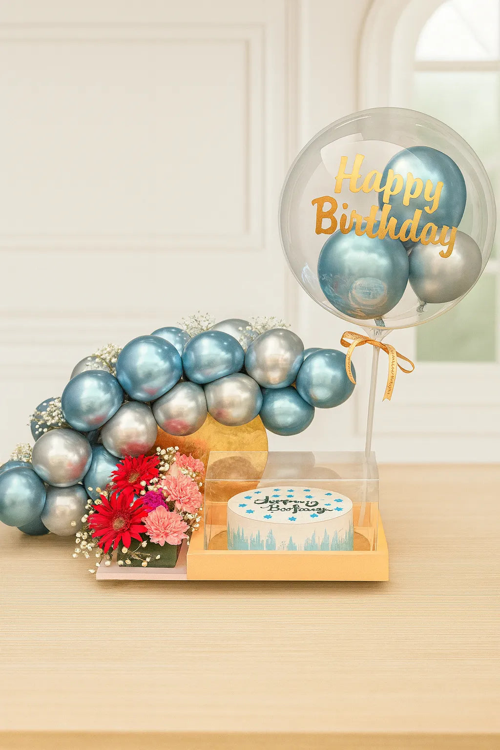 Any Day Treat Cake Flowers and Balloons Hamper