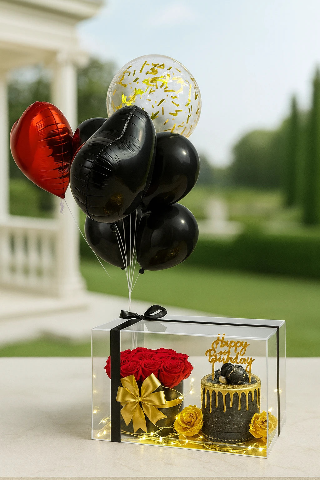 Birthday Joy Cake & Rose Balloon Hamper
