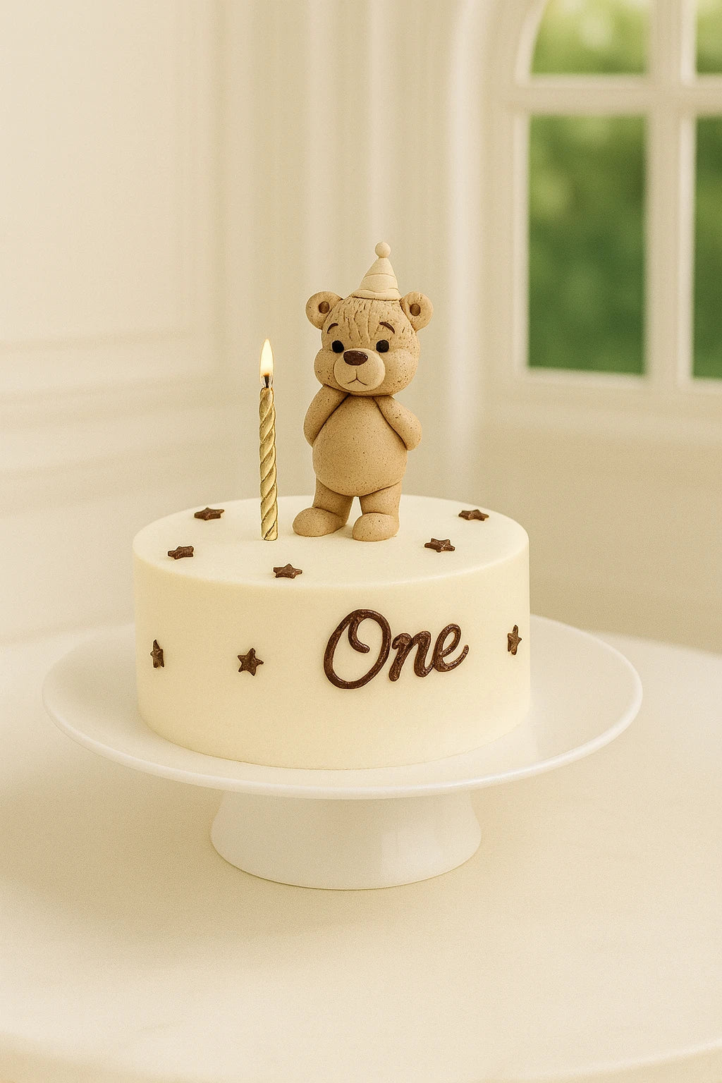Small birthday cake with a teddy bear topper and lit candle on a white surface.