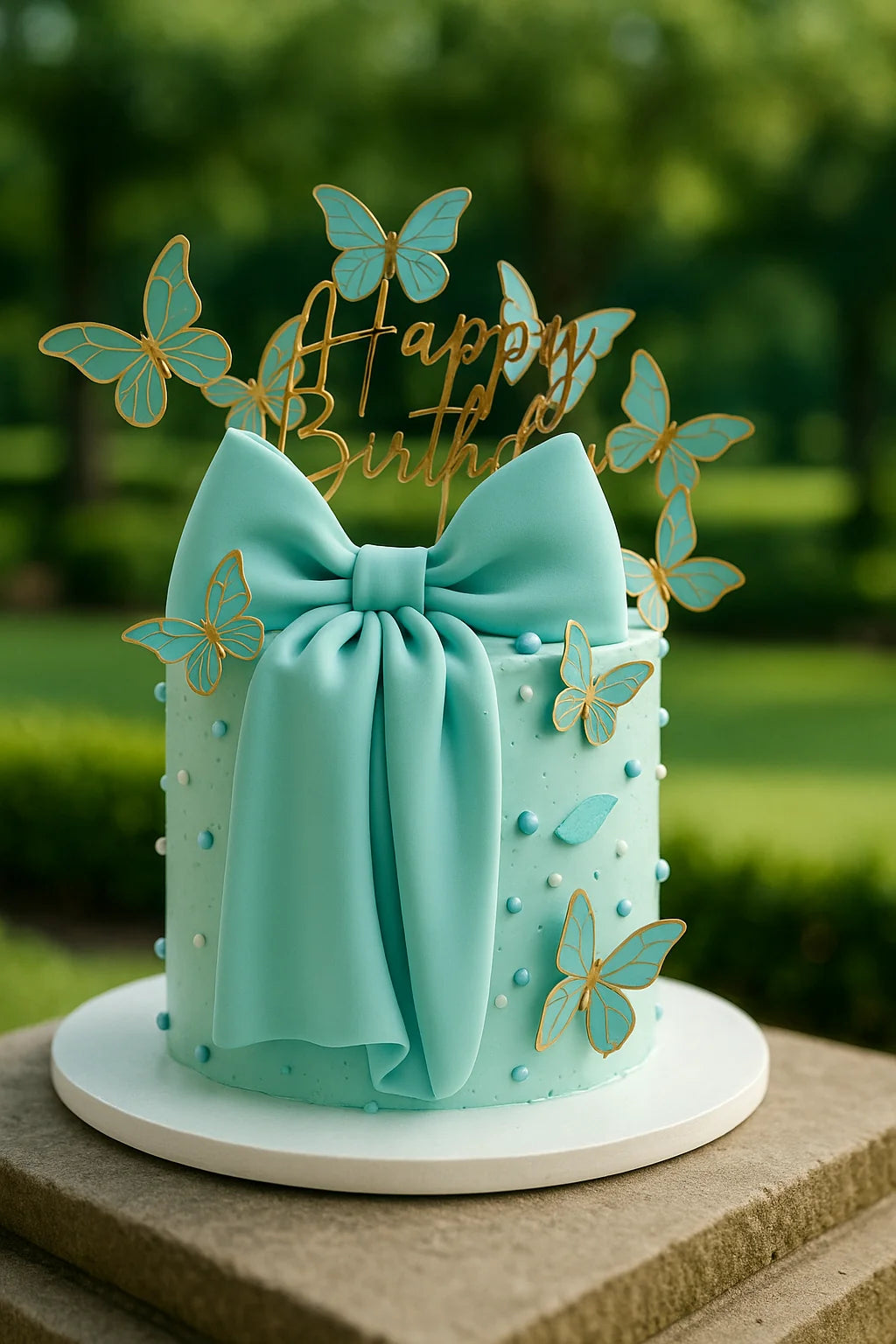 Teal birthday cake with decorative butterflies and a 'Happy Birthday' topper on a blurred green outdoor background.