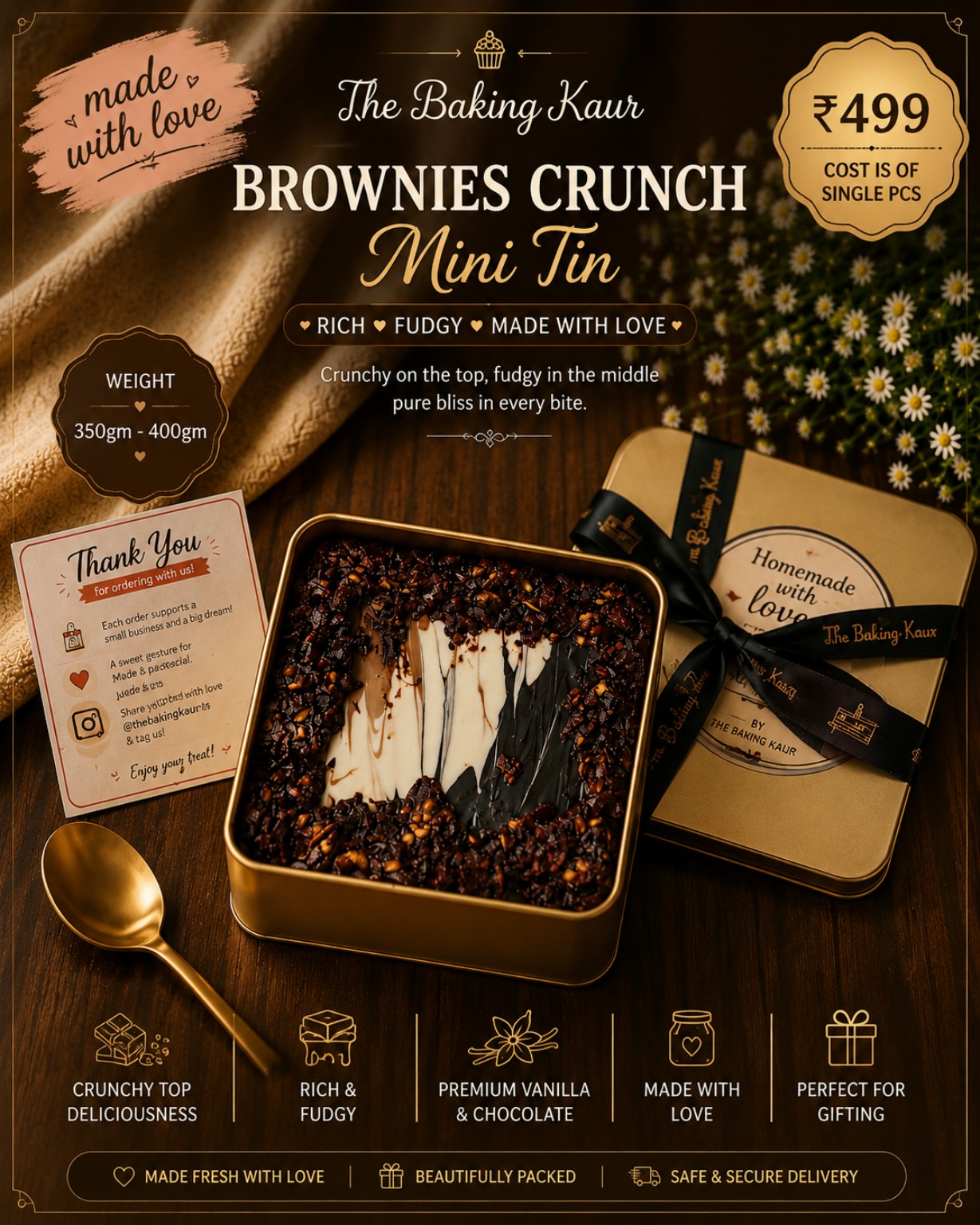 Brownies Crunch Mini Tin, rich fudgy brownie gift by The Baking Kaur, Meerut