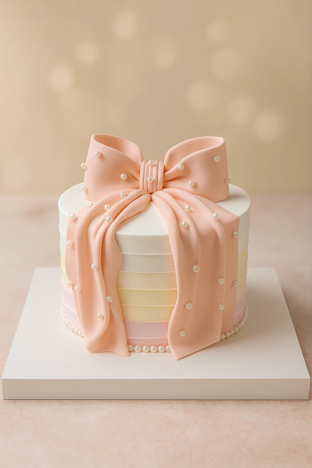 Cake with a large pink bow decoration on a light background