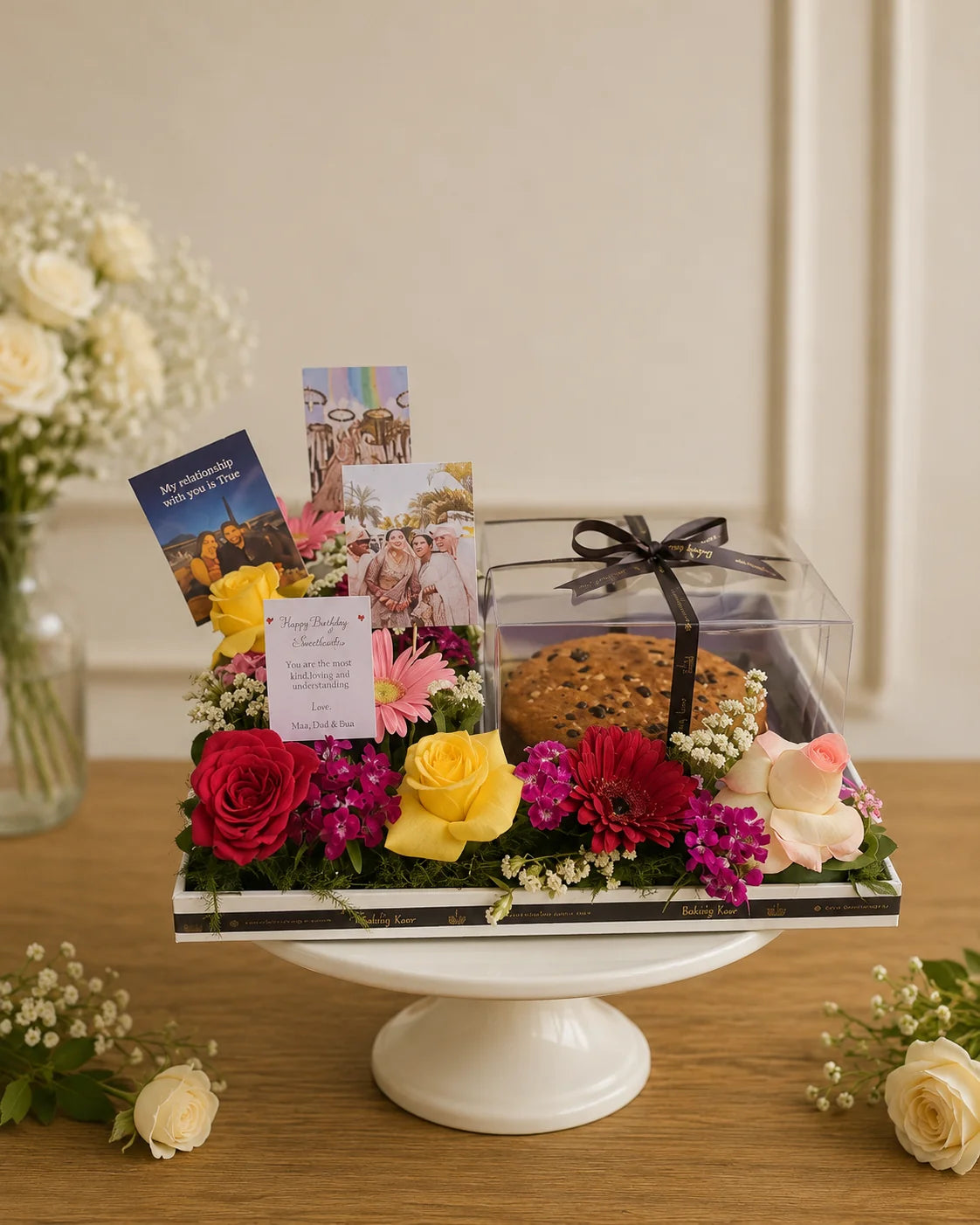 Floral Celebration & Gourmet Cookie Keepsake Hamper handcrafted luxury gift hamper by The Baking Kaur Meerut