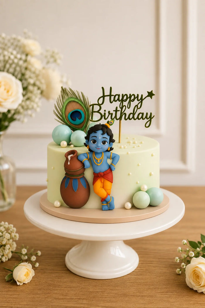 Bal Krishna Makhan Chor Birthday Cake with Peacock Feather in Meerut