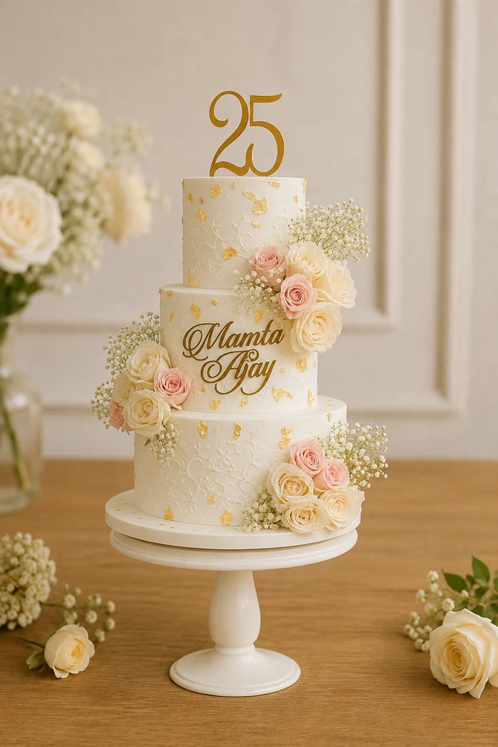 Two-Tier Floral & Gold Leaf Celebration Cake