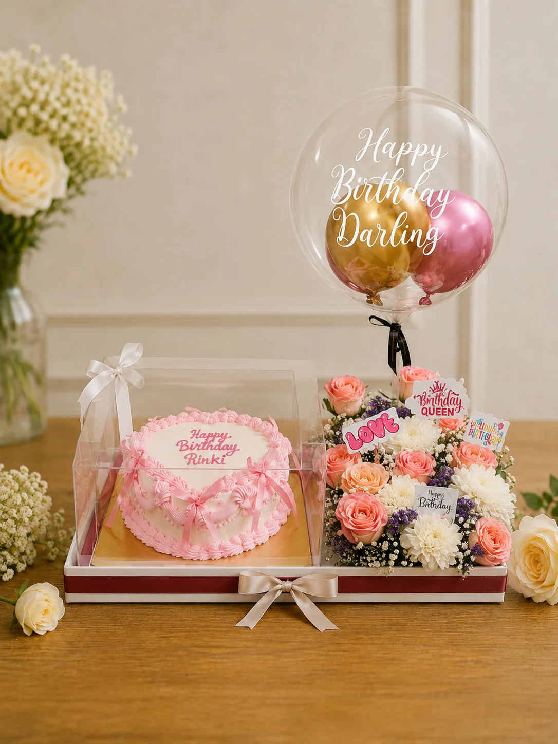 Pastel Pink Birthday Celebration Hamper handcrafted luxury gift hamper by The Baking Kaur Meerut