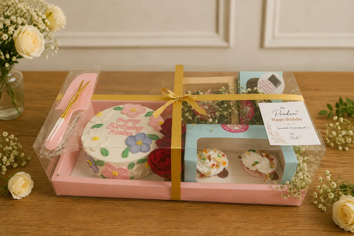 Blush Floral Bento Cake & Gourmet Cupcake Luxury Birthday Hamper handcrafted luxury gift hamper by The Baking Kaur Meerut