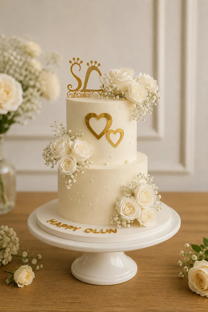 Two-Tier Floral & Gold Accents Celebration Cake