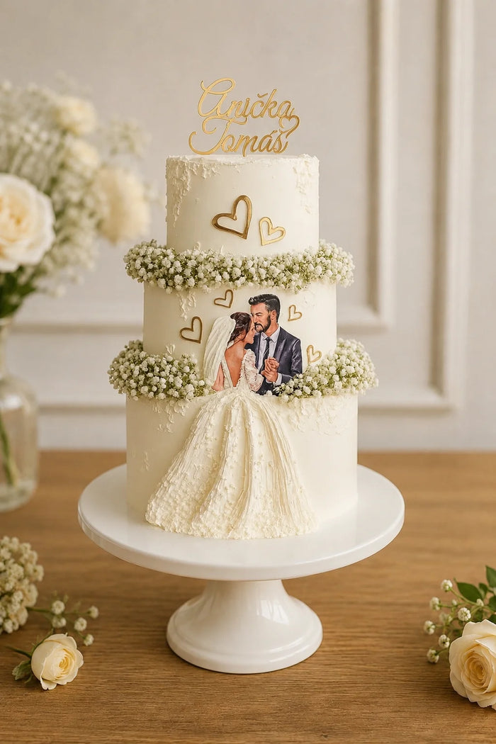 Three-Tier Wedding Couple & Floral Cake