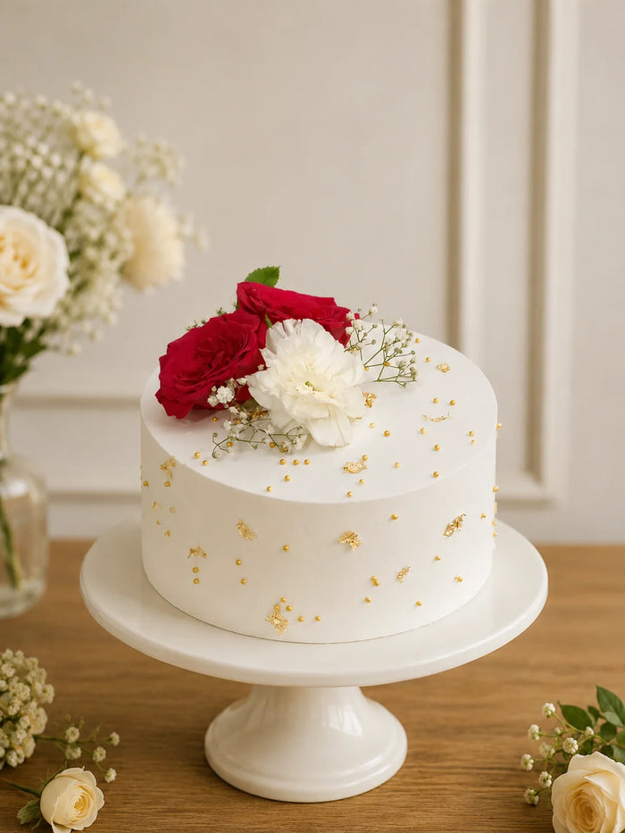Fresh floral topper with gold leaf and pearls Celebration Cake