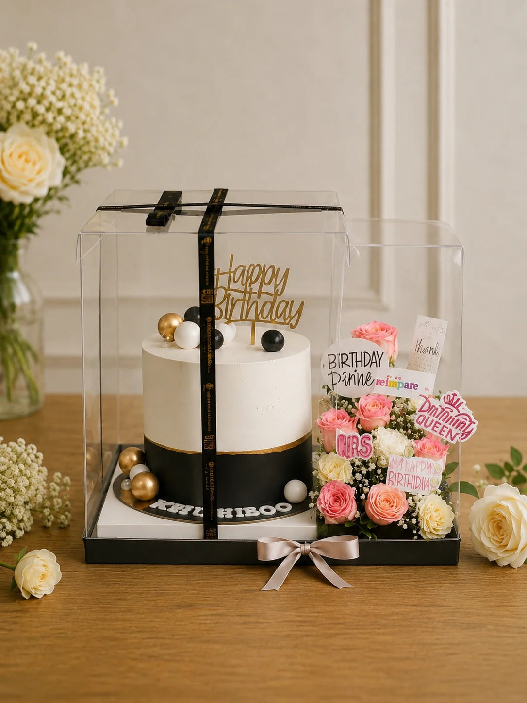 Monochrome Elegance Birthday Cake & Floral Bloom Hamper handcrafted luxury gift hamper by The Baking Kaur Meerut