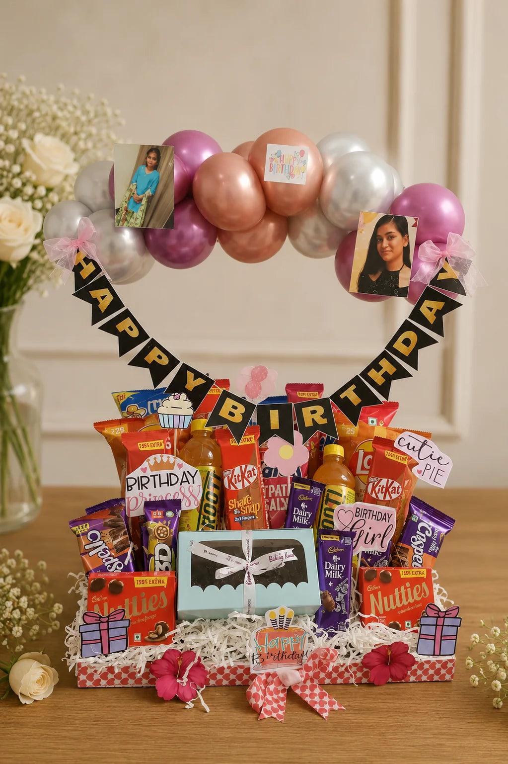 Pastel Balloon & Gourmet Chocolate Birthday Celebration Hamper handcrafted luxury gift hamper by The Baking Kaur Meerut