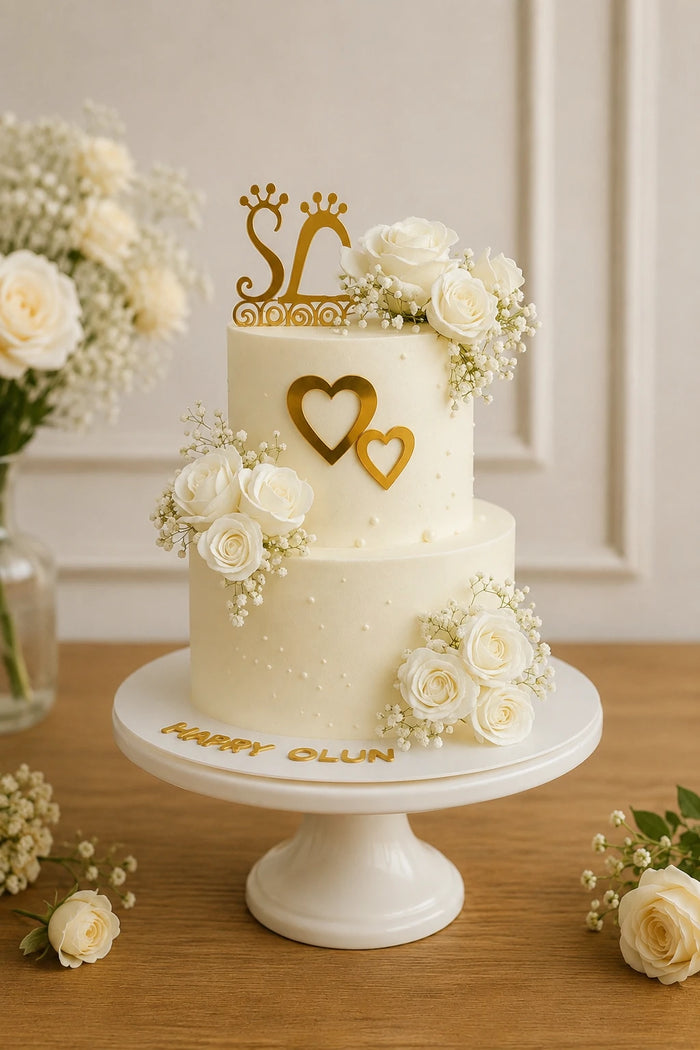 Two-Tier Floral & Gold Accents Celebration Cake