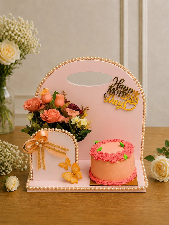 Pastel Elegance Mother's Day Pearl Caddy Hamper with Floral Cake