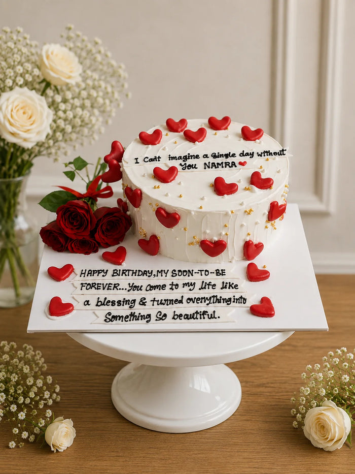 Romantic Heart-Adorned Birthday Cake & Red Rose Hamper