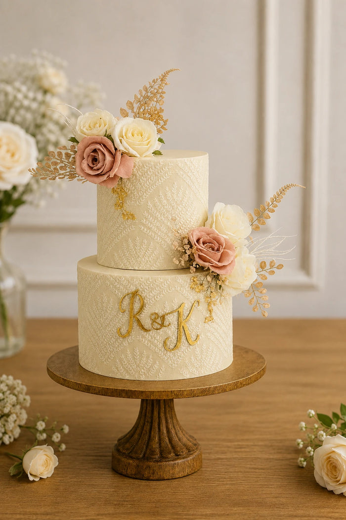 Ivory Quilted Blush Rose Gold Fern 2-Tier Cake