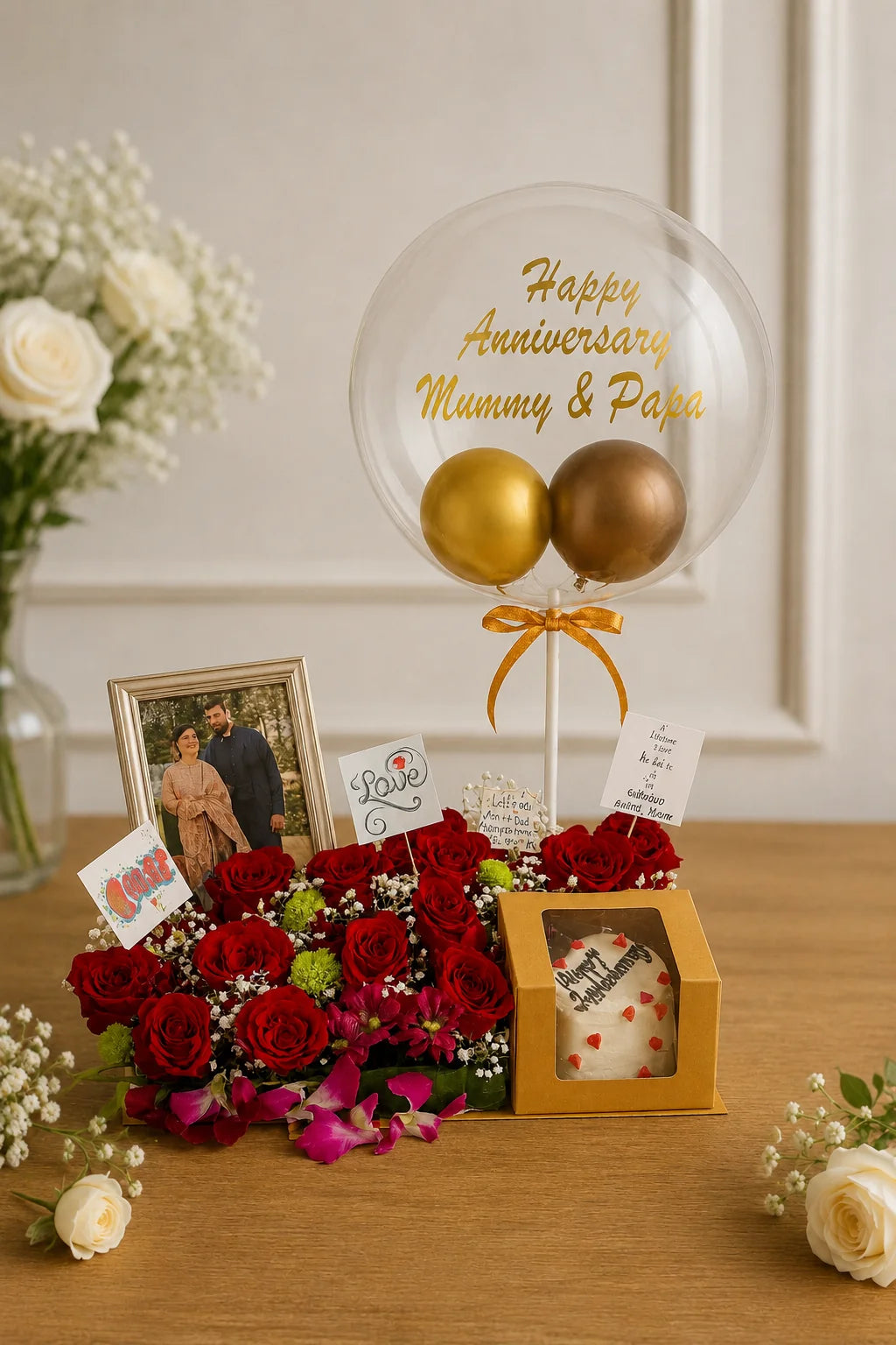 Anniversary Floral & Cake Keepsake Hamper handcrafted luxury gift hamper by The Baking Kaur Meerut