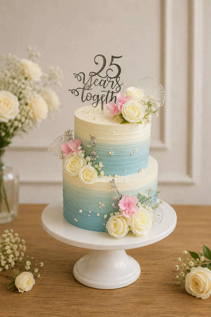 Powder Blue Ombre Pink Rose 2-Tier Cake