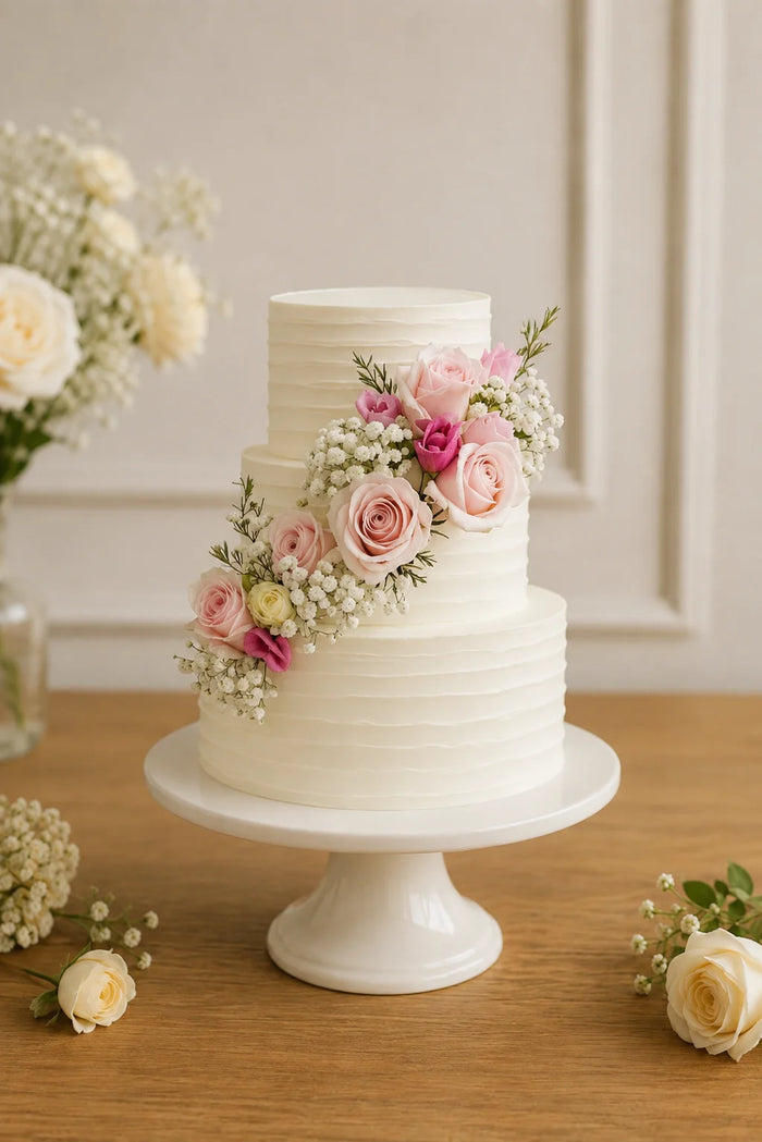 Ribbed White Blush Rose Baby's Breath 3-Tier Cake