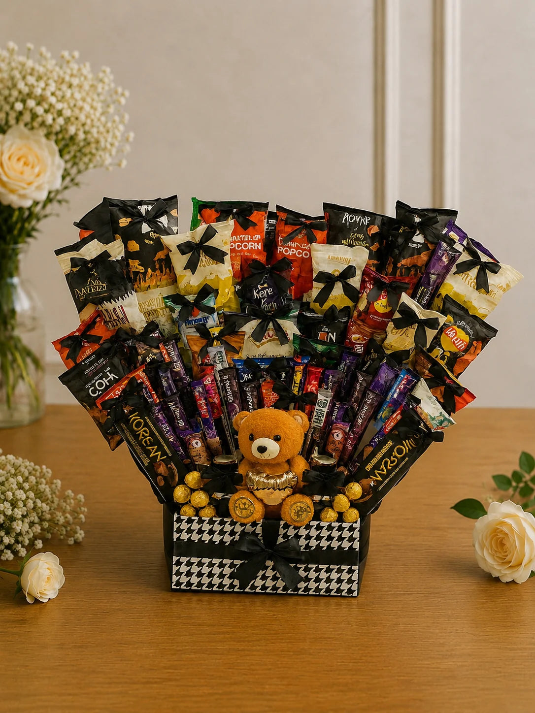 Monochrome Chic Gourmet Treat Bouquet with Teddy handcrafted luxury gift hamper by The Baking Kaur Meerut