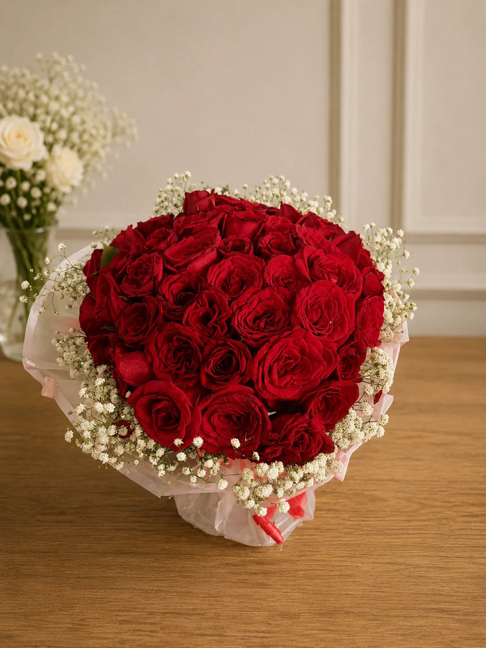 Grand Velvet Red Rose & Gypsophila Luxury Bouquet