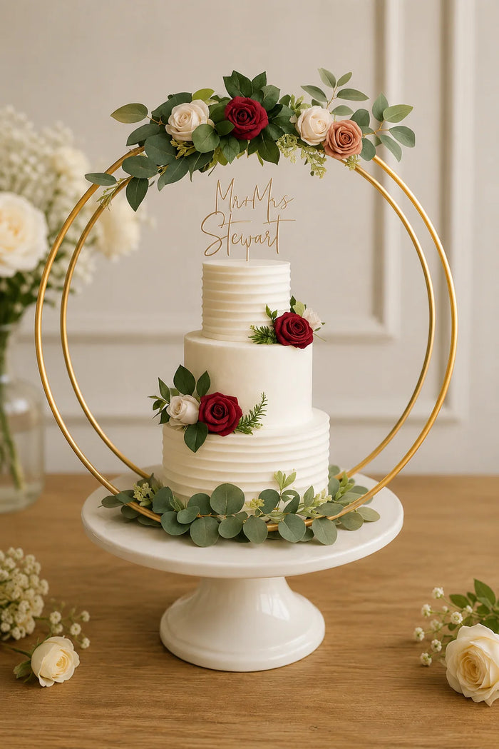Ivory White Burgundy Rose Gold Hoop 3-Tier Cake
