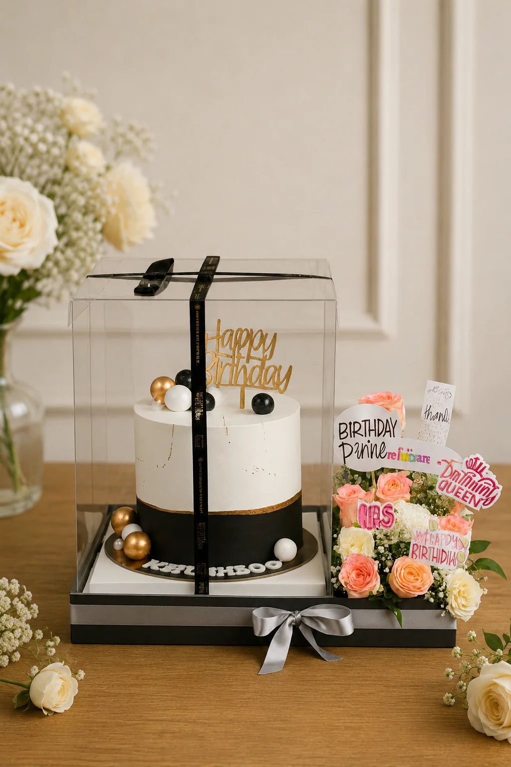Monochrome Elegance Birthday Cake & Peach Rose Gift Hamper handcrafted luxury gift hamper by The Baking Kaur Meerut