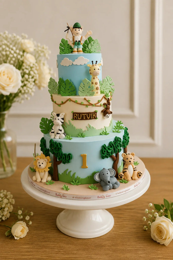 Two-Tier Safari Animals Theme Cake