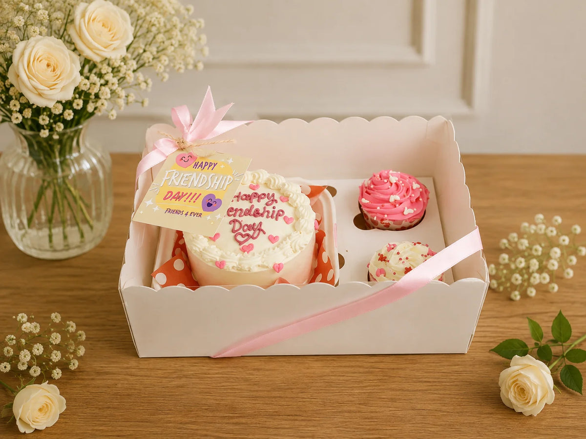 Friendship Day Celebration Bento Cake & Cupcake Luxury Hamper handcrafted luxury gift hamper by The Baking Kaur Meerut