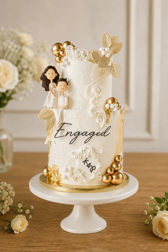 Eggshell Gold Lace Leaf Couple Figure Engagement Cake