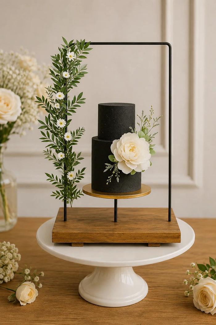 Two-Tier Charcoal Black White Rose Geometric-Stand Cake