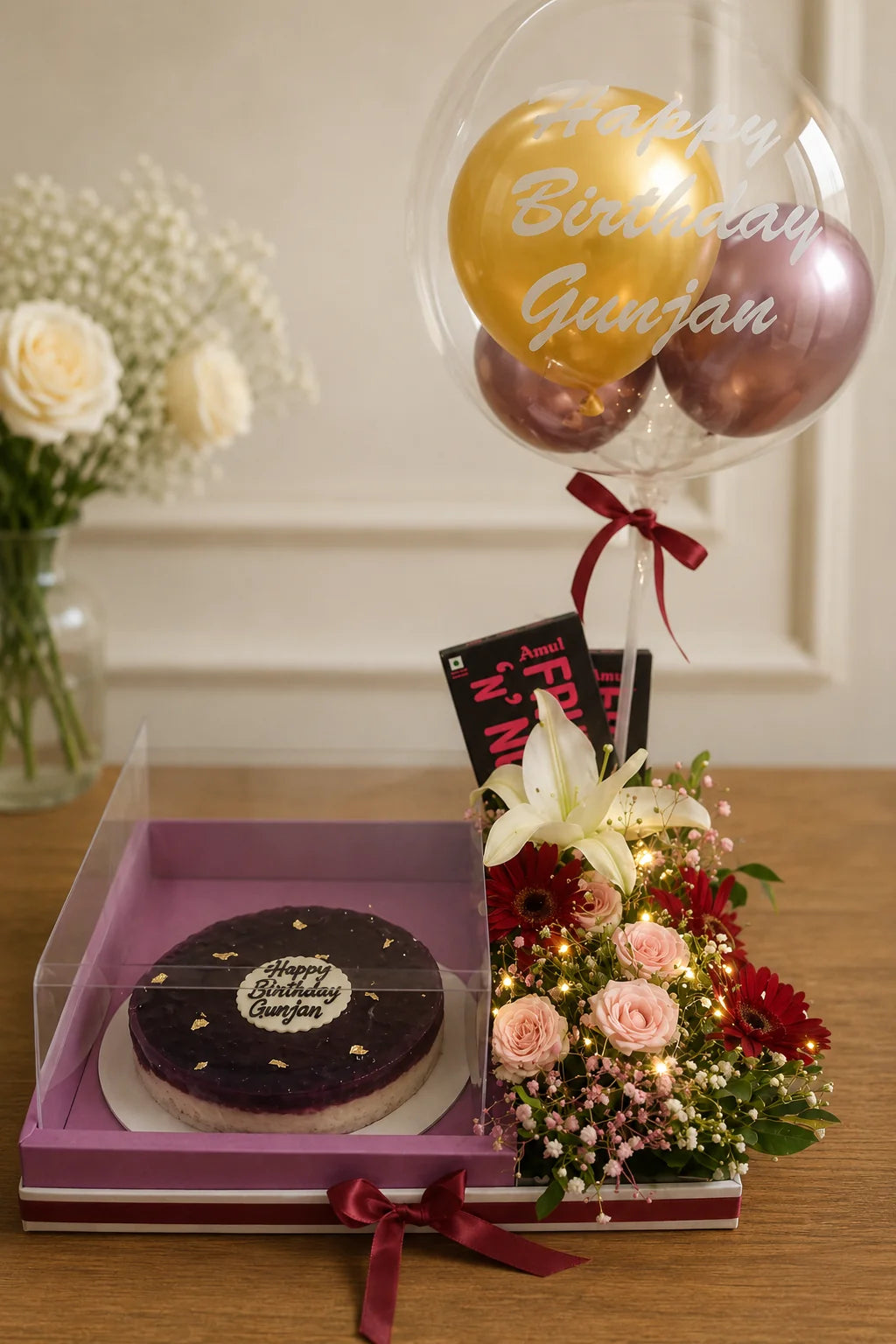 Happy Birthday Gunjan Luxury Balloon Cake & Floral Hamper handcrafted luxury gift hamper by The Baking Kaur Meerut