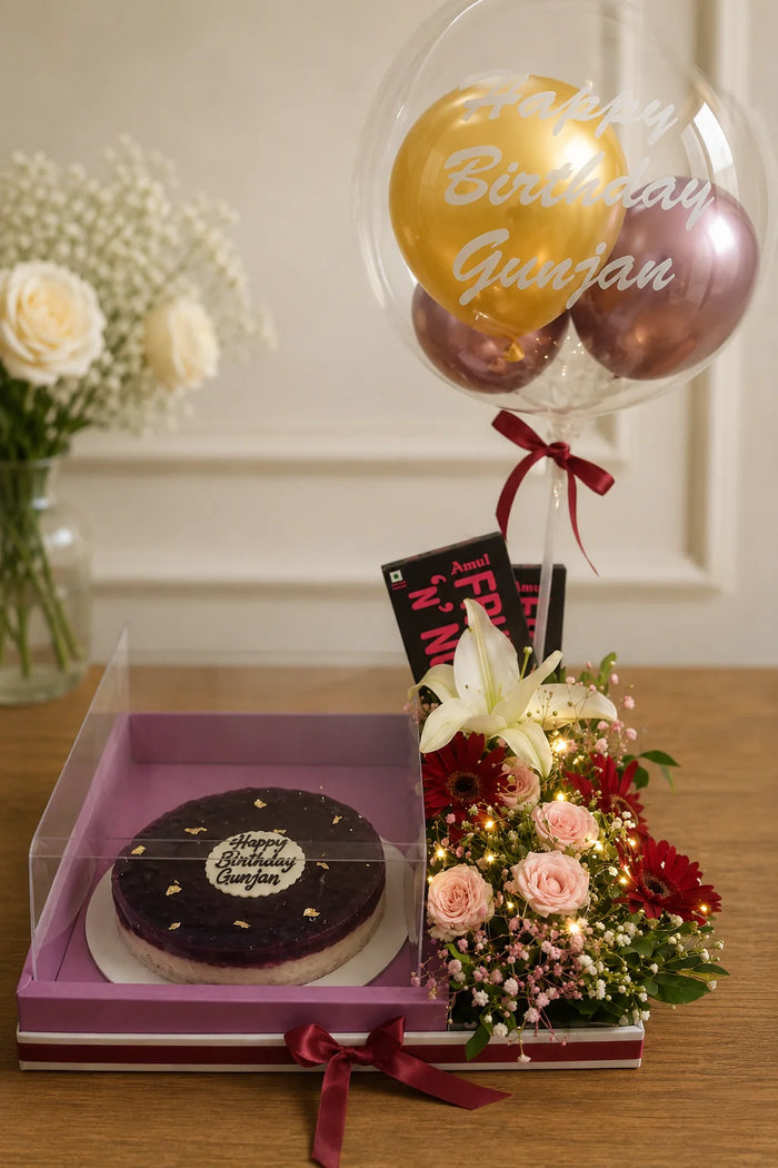Happy Birthday Gunjan Luxury Balloon Cake & Floral Hamper