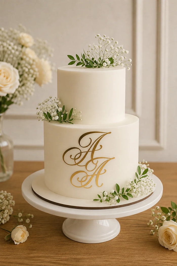 Two-Tier Minimalist Floral & Monogram Celebration Cake