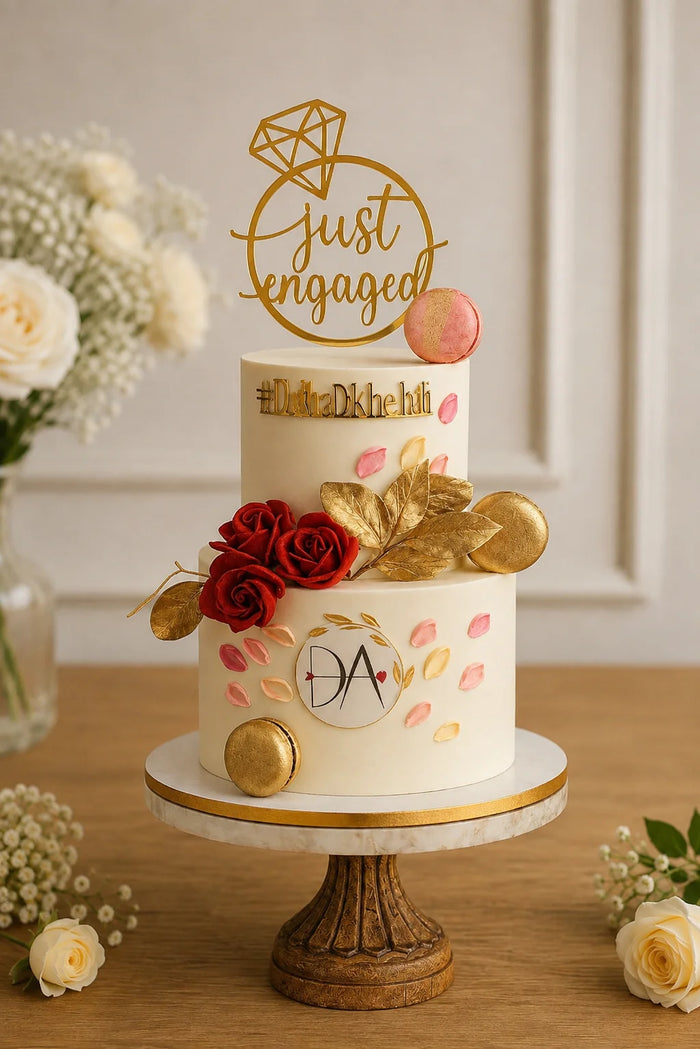 Two-Tier Engagement Floral & Macarons Celebration Cake