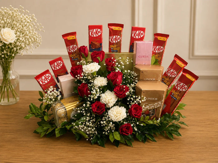 Opulent Red Rose and Gourmet Chocolate Floral Presentation