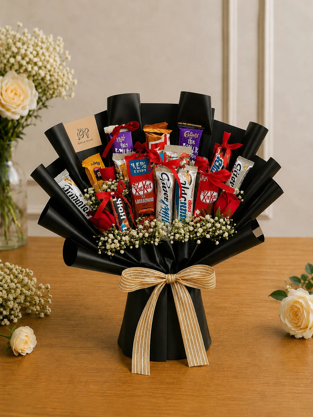 Midnight Elegance Chocolate & Rose Bouquet handcrafted luxury gift hamper by The Baking Kaur Meerut