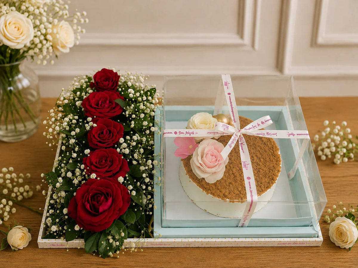 Crimson Rose & Lotus Biscoff Cake Luxury Hamper handcrafted luxury gift hamper by The Baking Kaur Meerut
