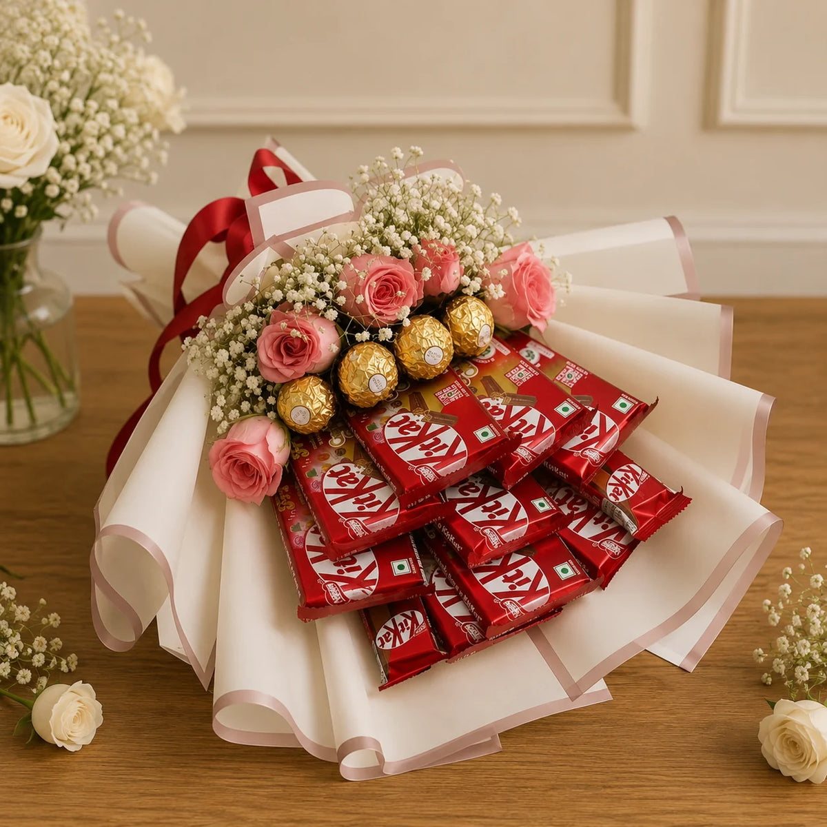 KitKat & Ferrero Rocher Pink Floral Luxury Bouquet handcrafted luxury gift hamper by The Baking Kaur Meerut