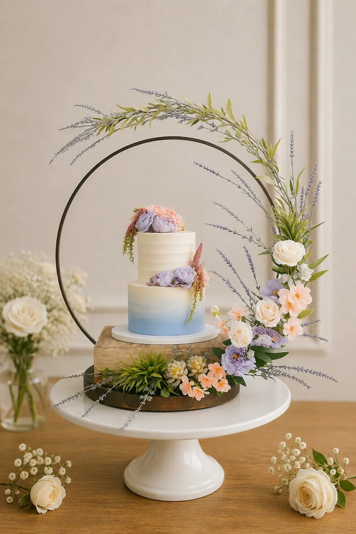 Blue Watercolor Wood Slice Lavender 2-Tier Cake