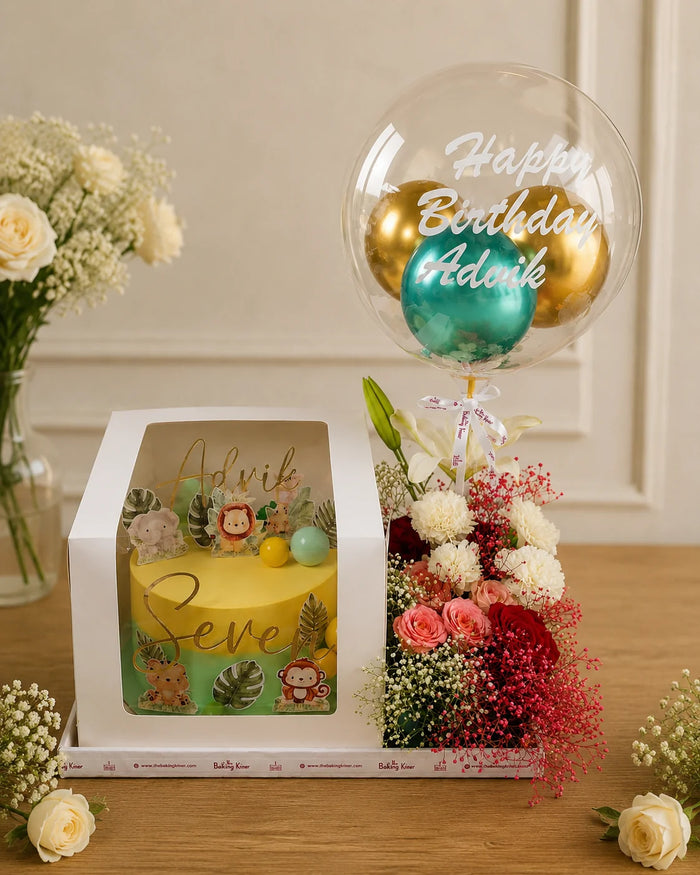 Jungle Safari Kids Birthday Cake & Balloon Floral Hamper
