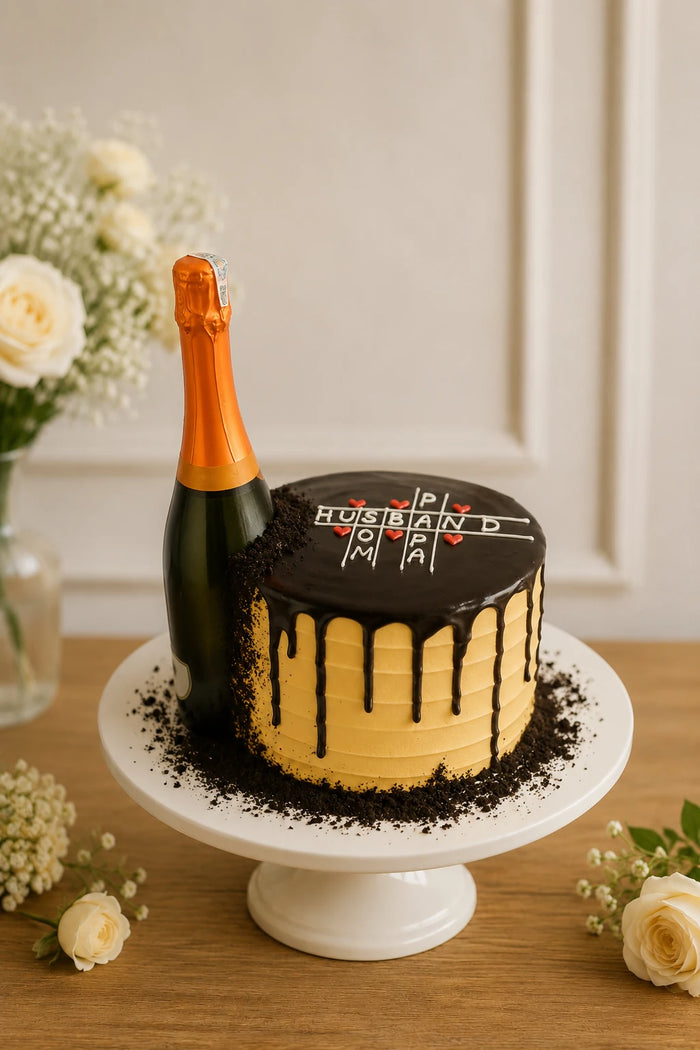 Champagne Bottle & Crossword Theme Cake