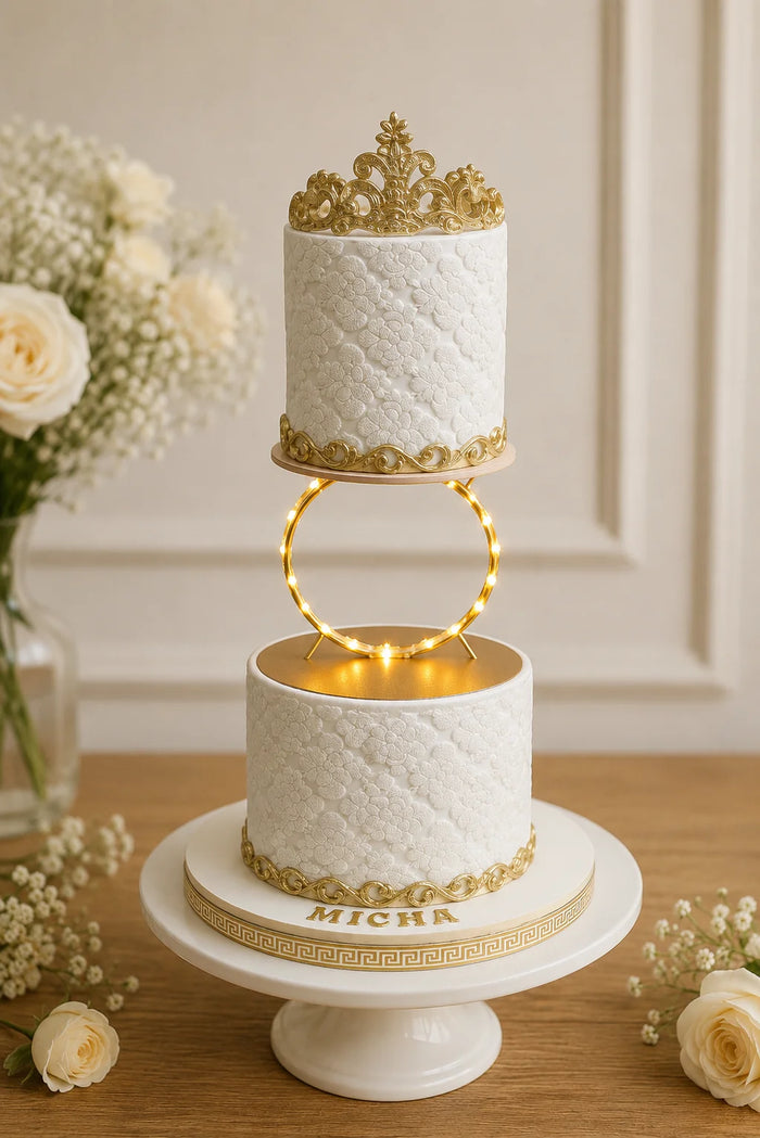 Two-Tier Royal Gold Crown & Illuminated Separator Theme Cake